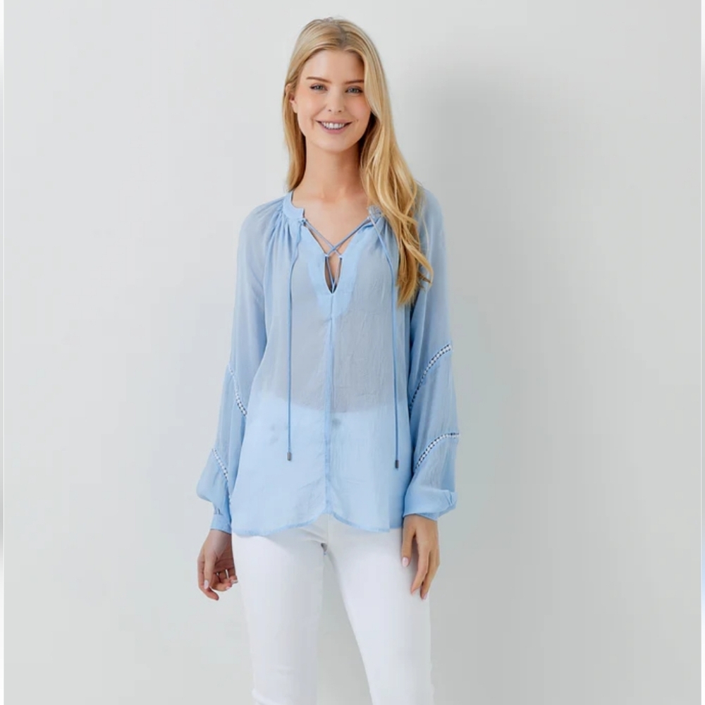 NEW MAVEN WEST long sleeve lace inlay top in blue Size S Anthropologie